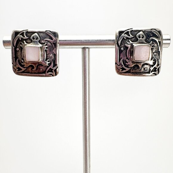 VTG Sterling Silver 925 Pink Shell Bezel Set Cufflinks Size 0.5" Length - Picture 1 of 9